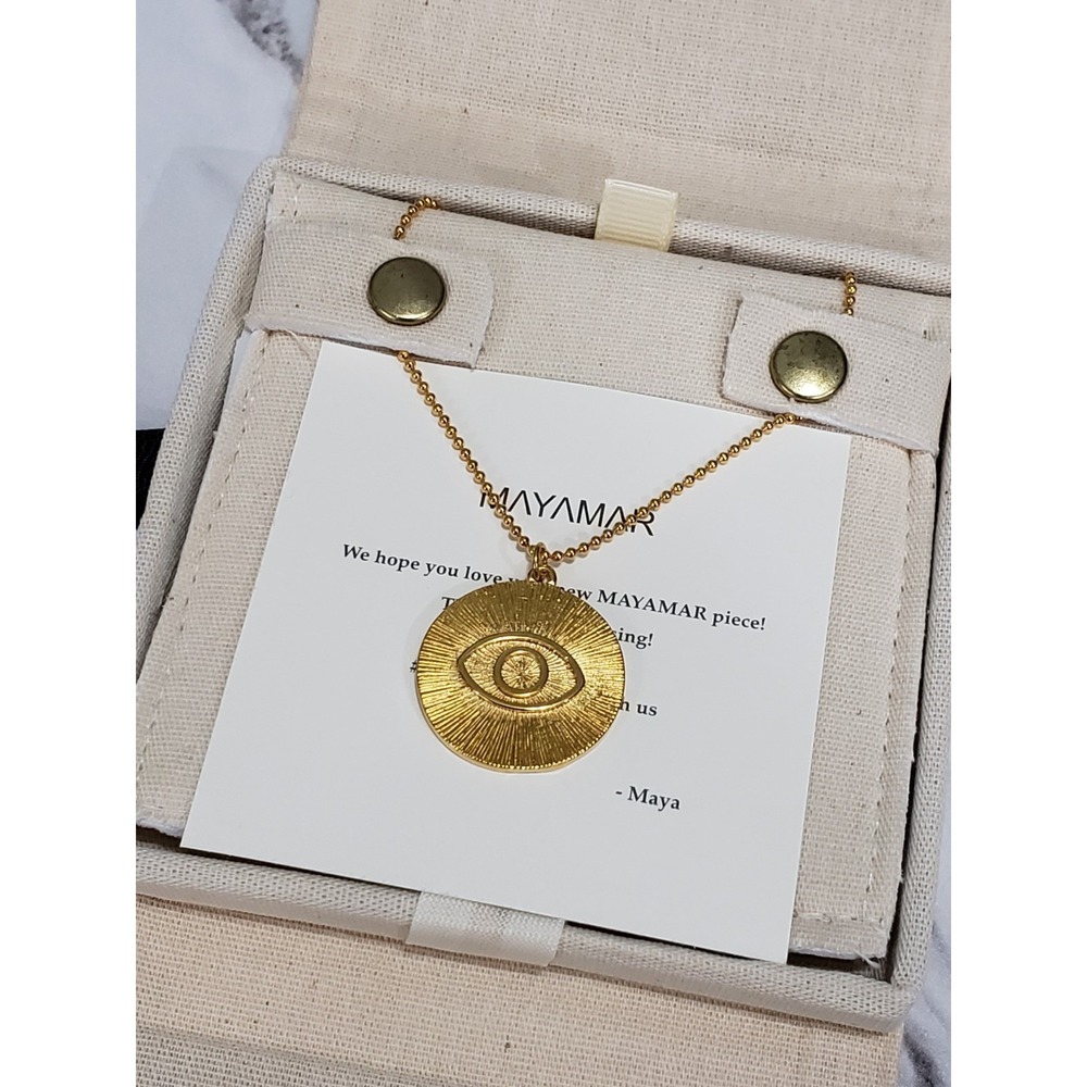 NEW MAYAMAR Gold TONE Evil Eye Pendant Necklace 20" Adjustable Coin Charm Boho